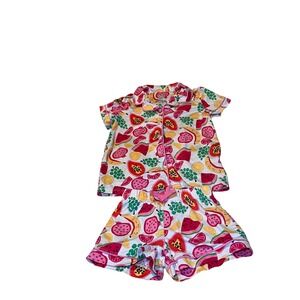 Wonder Nation Girls Pajama Set XS 4-5 Fruit Print Button Down Shirt Shorts Pink